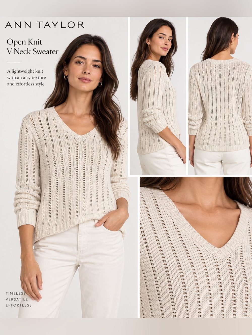 Ann Taylor Cream Open-Weave V-Neck Sweater linen and cotton blend